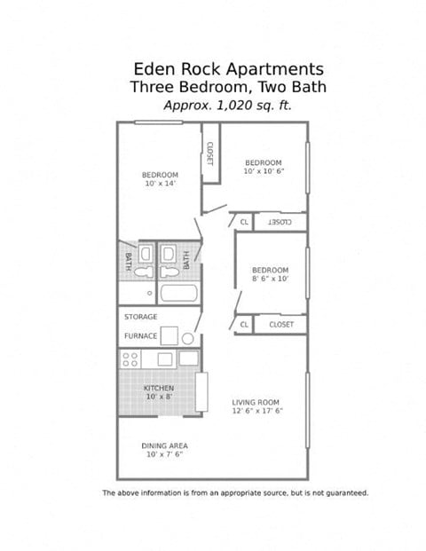 Floor plan for 3 beds, 2 baths, 1020 sqft